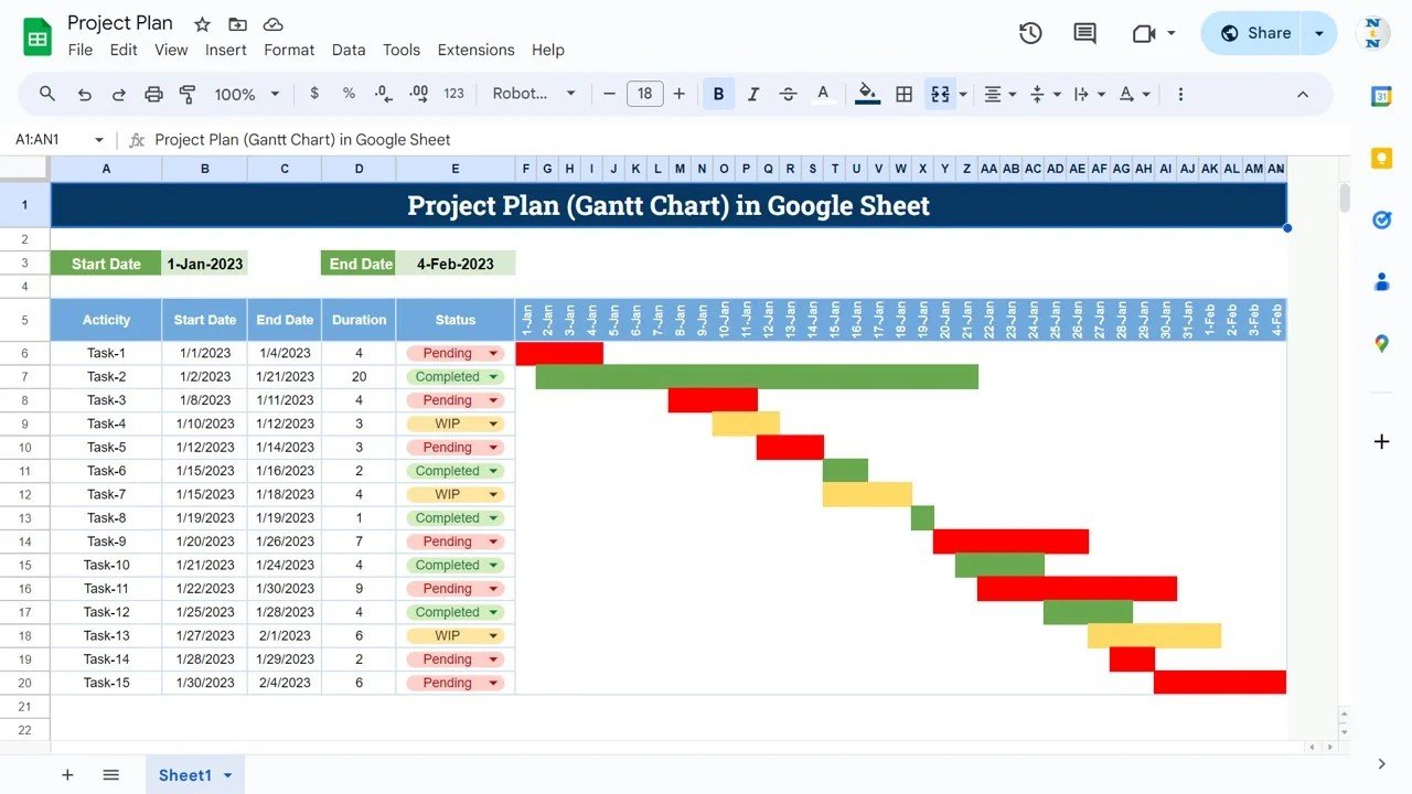 Project Plan Gantt Chart in Google Sheet