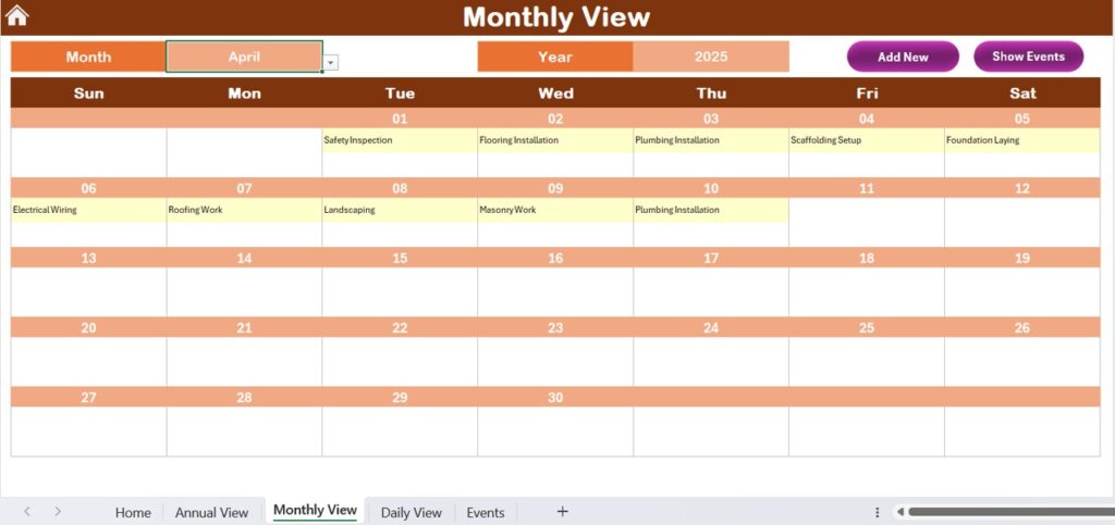 Construction Project Schedule Calendar in Excel - Next Gen Templates