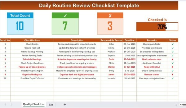Daily Routine Review Checklist in Excel - Image 2