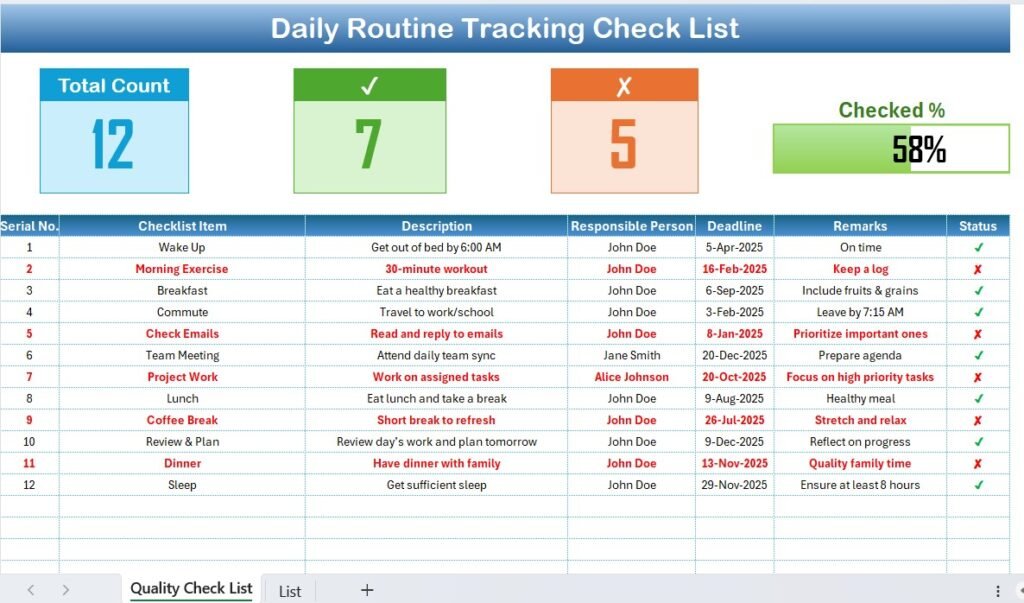 Daily Routine Tracking Checklist in Excel - Next Gen Templates