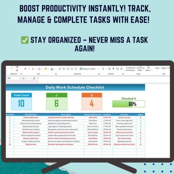 Daily Work Schedule Checklist Template in Excel