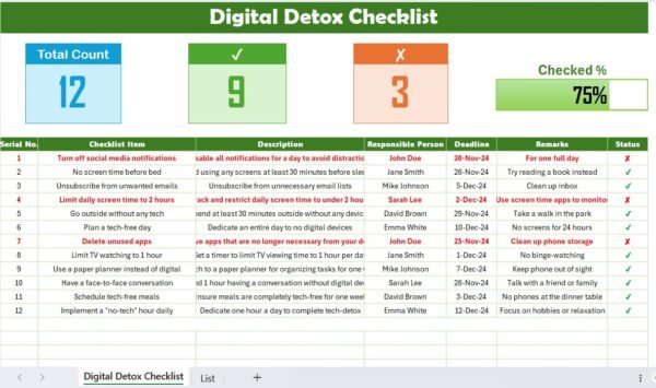 Digital Detox Checklist in Excel - Image 2