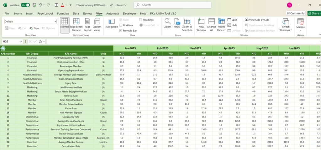 Fitness Industry KPI Dashboard in Excel - Next Gen Templates