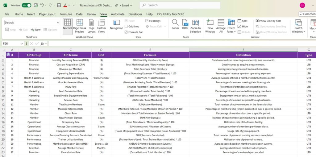 Fitness Industry KPI Dashboard in Excel - Next Gen Templates