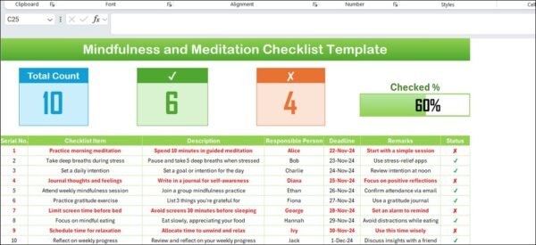 Mindfulness and Meditation Checklist Template in Excel - Image 2