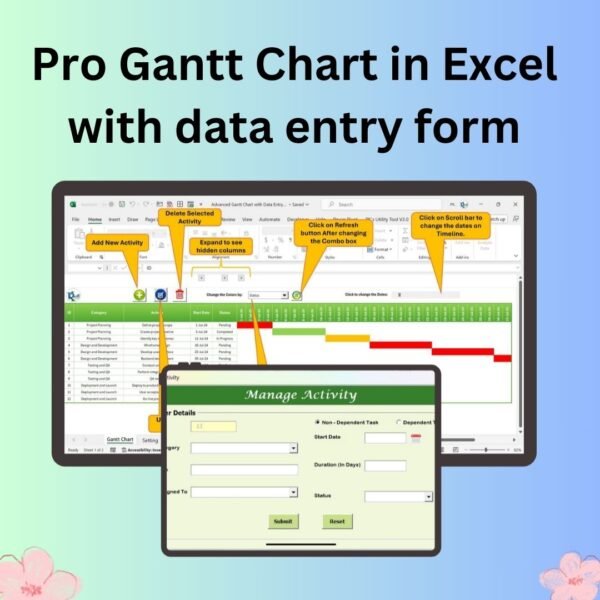 Pro Gantt Chart in Excel with data entry form