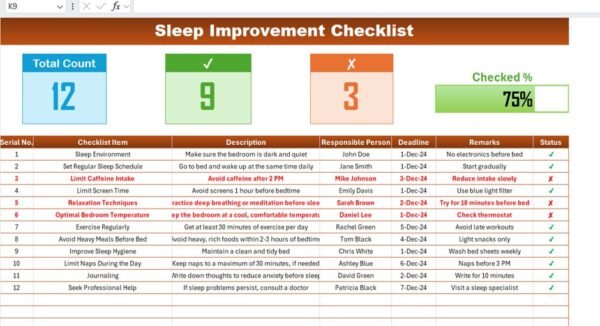 Sleep Improvement Checklist in Excel - Image 2