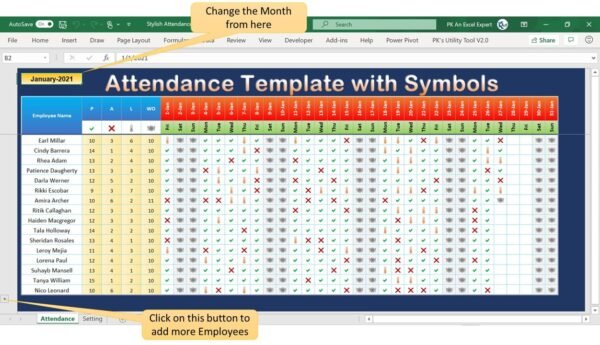 Stylish Attendance Tracker with Symbols in Excel - Image 2