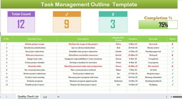 Task Management Outline Checklist in Excel - Image 2