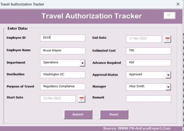 Travel Authorization Tracker in Excel - Image 7