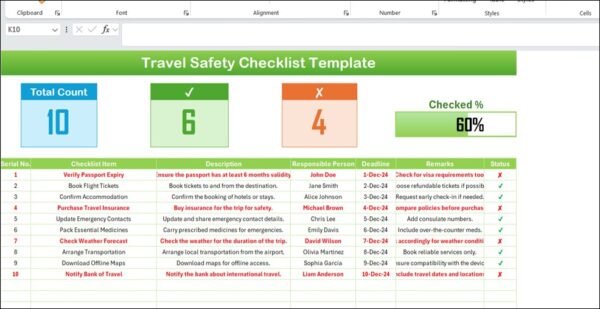 Travel Safety Checklist Template in Excel - Image 2