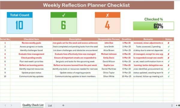 Weekly Reflection Planner Checklist in Excel - Image 2