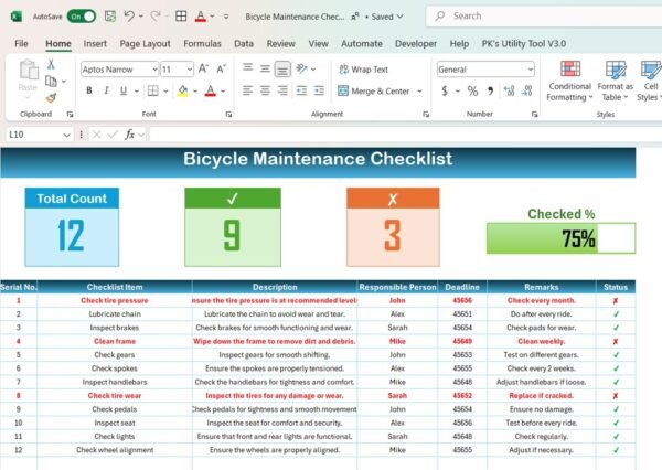 Bicycle Maintenance Checklist in Excel - Image 2