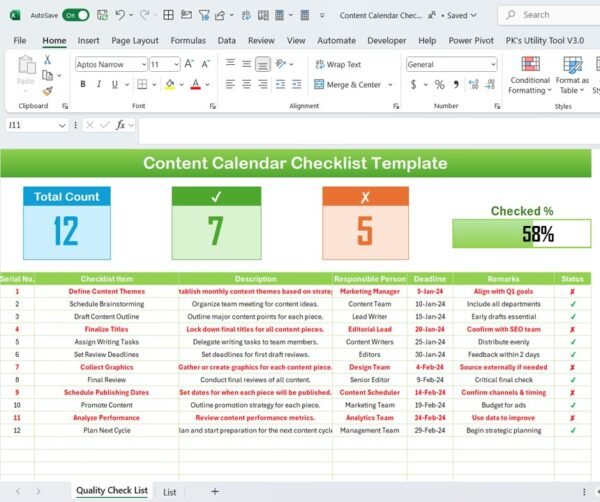 Content Calendar Checklist Template in Excel - Image 2