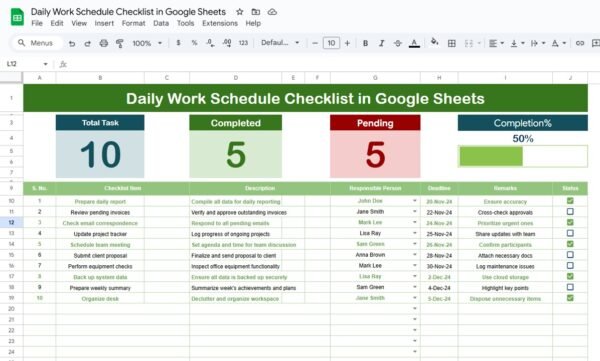 Daily Work Schedule Checklist in Google Sheets - Image 2