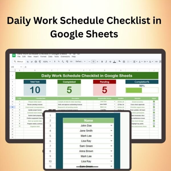 Daily Work Schedule Checklist in Google Sheets