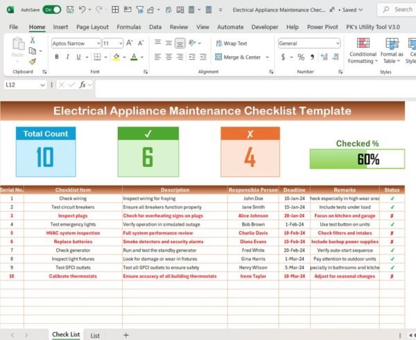 Electrical Appliance Maintenance Checklist Template in Excel - Image 2