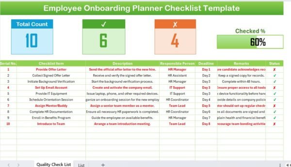 Employee Onboarding Planner Checklist in Excel - Image 2