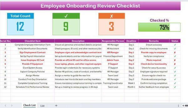 Employee Onboarding Review Checklist in Excel - Image 2