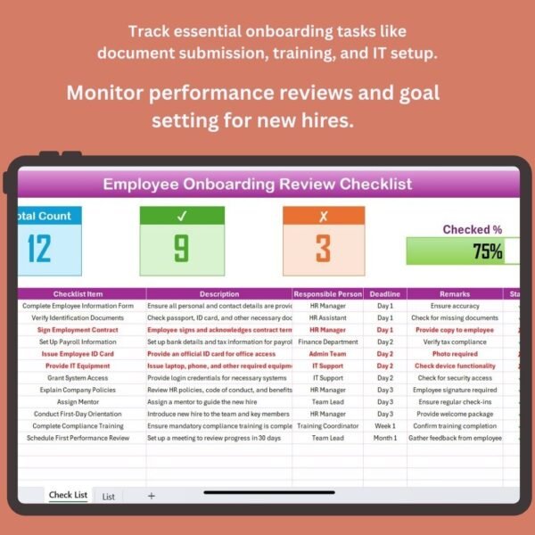 Employee Onboarding Review Checklist in Excel