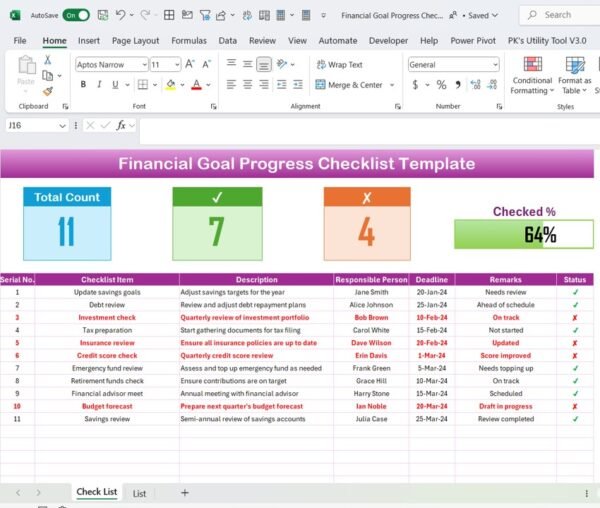 Financial Goal Progress Checklist Template in Excel - Image 2