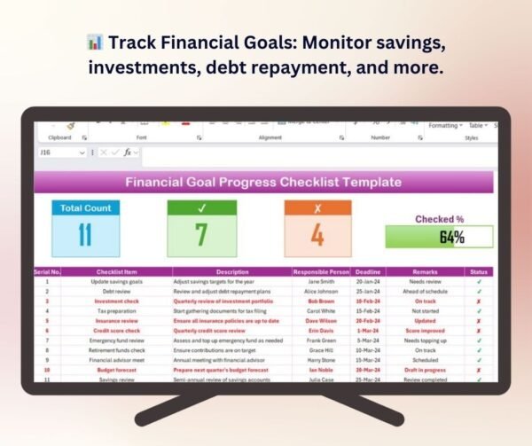 Financial Goal Progress Checklist Template in Excel