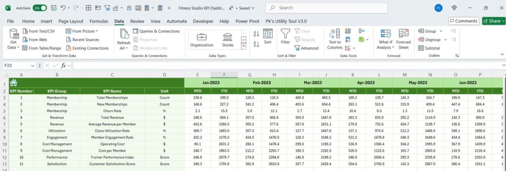 Fitness Studio KPI Dashboard in Excel - Next Gen Templates