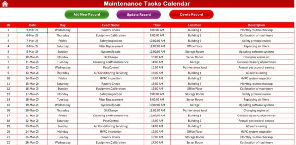 Maintenance Tasks Calendar in Excel - Image 7