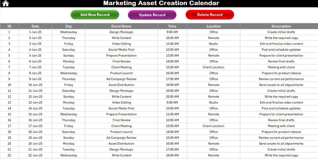 Marketing Asset Creation Calendar in Excel - Next Gen Templates