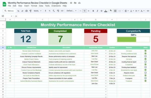 Monthly Performance Review Checklist in Google Sheets - Image 2