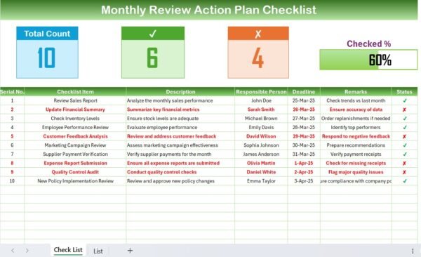 Monthly Review Action Plan Checklist in Excel - Image 2