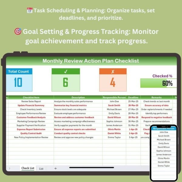 Monthly Review Action Plan Checklist in Excel