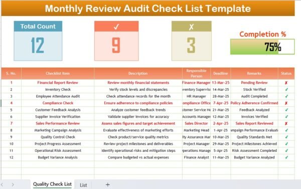 Monthly Review Audit Checklist in Excel - Image 2