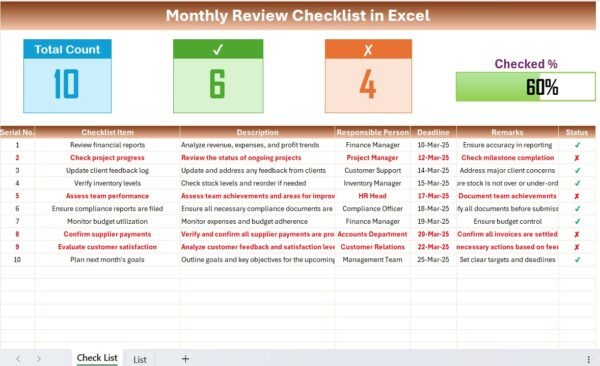 Monthly Review Checklist in Excel - Image 2