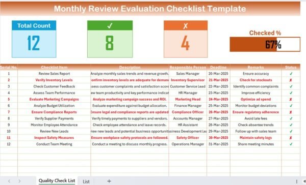 Monthly Review Evaluation Checklist in Excel - Image 2