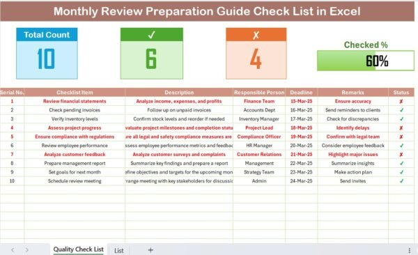 Monthly Review Preparation Guide Checklist in Excel - Image 2