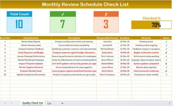 Monthly Review Schedule Checklist in Excel - Image 2