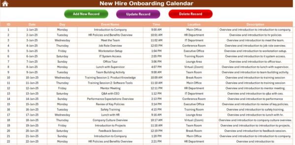 New Hire Onboarding Calendar in Excel - Image 8