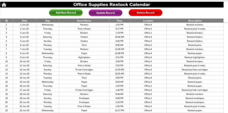 Office Supplies Restock Calendar in Excel - Next Gen Templates