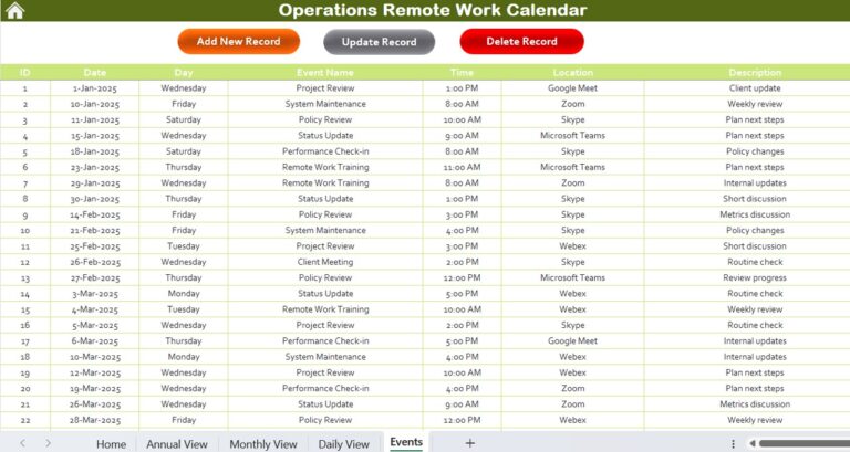Operations Remote Work Calendar in Excel - Next Gen Templates