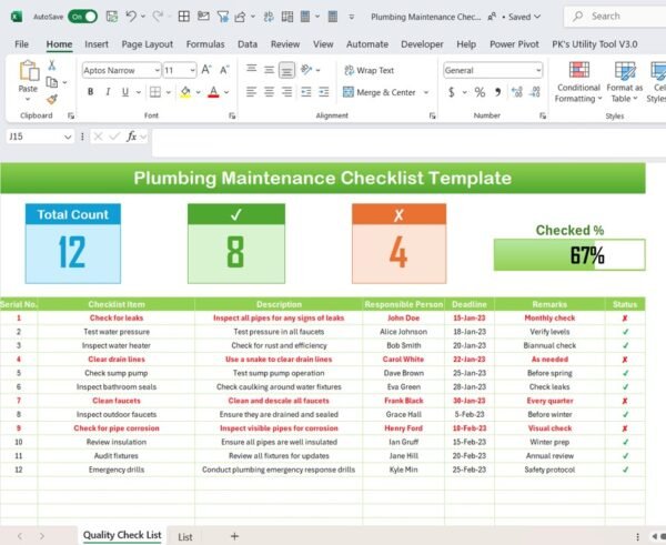 Plumbing Maintenance Checklist Template in Excel - Image 2