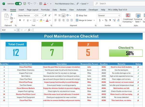 Pool Maintenance Checklist in Excel - Image 2