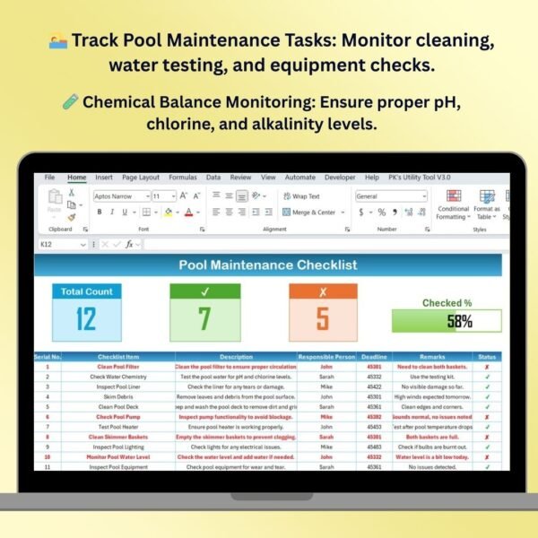 Pool Maintenance Checklist in Excel