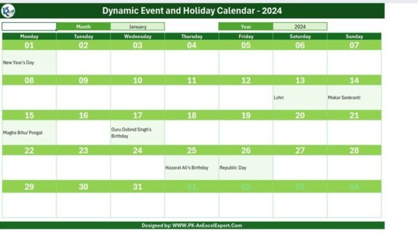 Printable Holiday and Event Calendar in Excel - Image 2