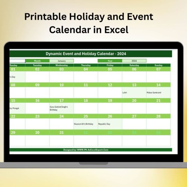 Printable Holiday and Event Calendar in Excel