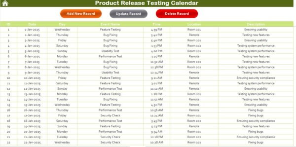 Product Release Testing Calendar in Excel - Image 8