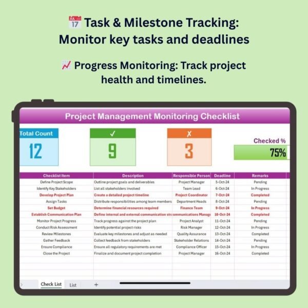 Project Management Monitoring Checklist in Excel