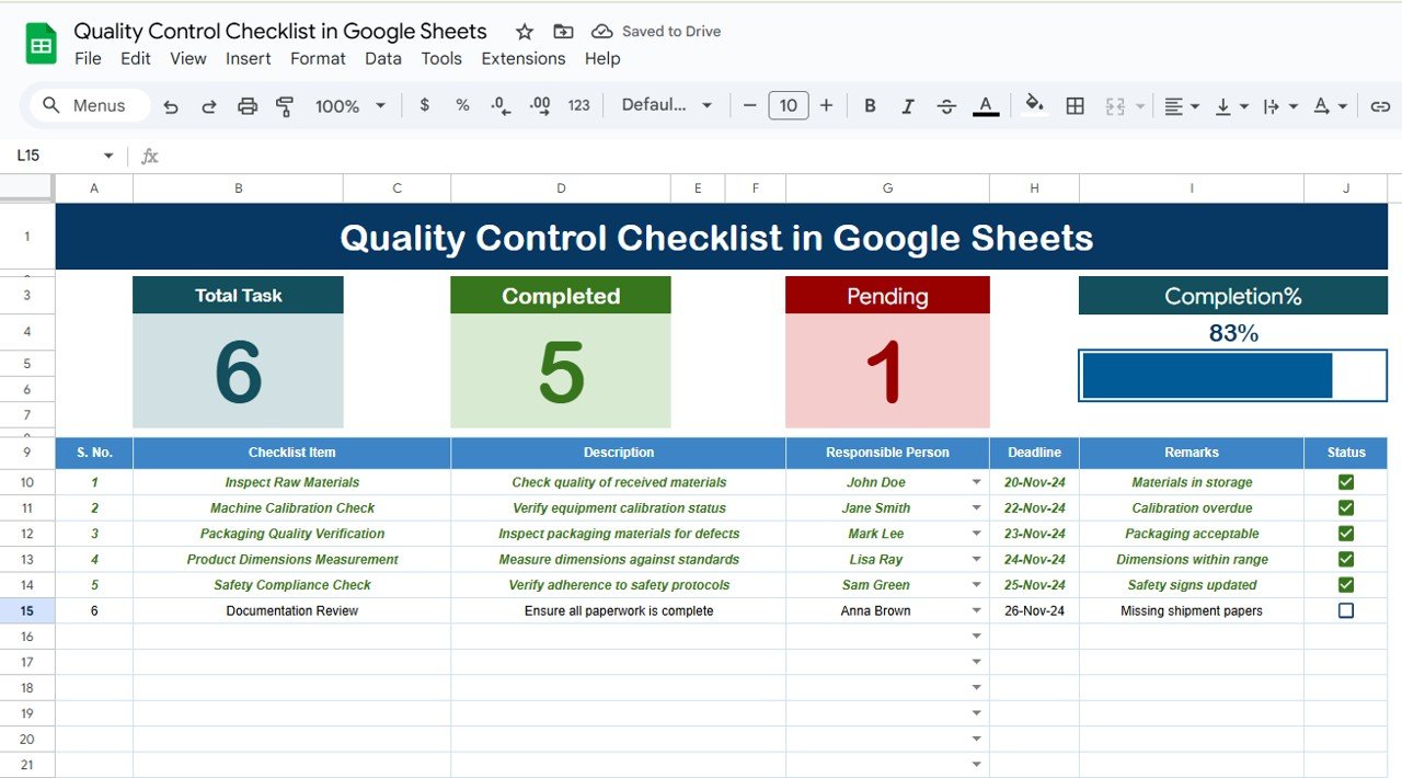 Quality Control Checklist in Google Sheets