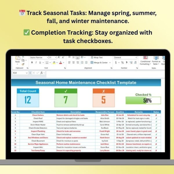 Seasonal Home Maintenance Checklist Template in Excel