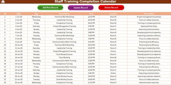 Staff Training Completion Calendar in Excel - Image 7